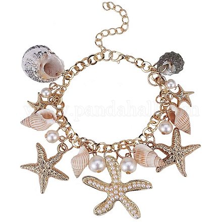 PandaHall Elite 1 Strand Starfish Shell Bracelets Conch Starfish Faux Pearl Anklet Bracelet Charm Women Bohemian Adjustable Seashell Bracelet BJEW-PH0004-04-1