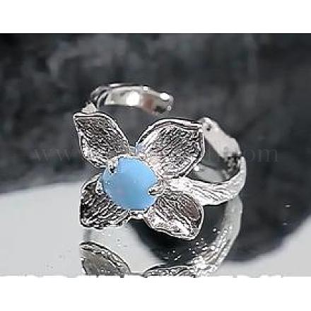 スターリングシルバー オープンリング 925個  女性のための青い石の調節可能なリングをはめ込んだ不規則な花のデザイン  プラチナ  18.5mm  内径：usサイズ5 1/2（16mm） JR951A-1