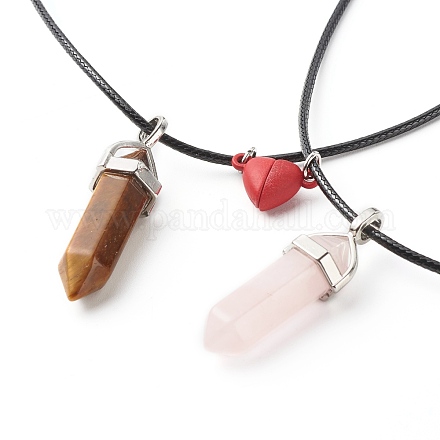 Natural Tiger Eye & Rose Quartz Double Terminated Pointed Pendants Necklaces Set for Couples Best Friends NJEW-JN03676-1