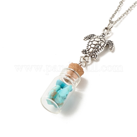 Glass Bottle with Synthetic Turquoise Chips Pendant Necklace NJEW-JN03841-02-1