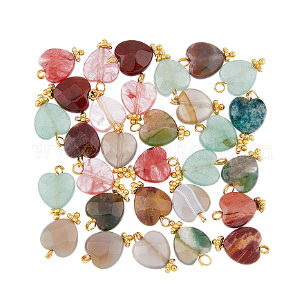 Dicosmetic 30 pièces 5 couleurs breloques en agate coeur naturel avec entretoises de perles de fleurs breloques en pierre de cristal colorées pendentifs coeur plat avec boucle dorée pour la fabrication de bijoux FIND-DC0002-31-1