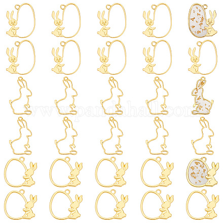 Dicosmétique 30 pièces 3 styles lapin ouvert dos lunette pendentifs alliage blanc résine époxy cadre pressé fleur pendentif doré pâques bijoux pendentif pour bricolage collier fabrication de bijoux FIND-DC0001-90-1