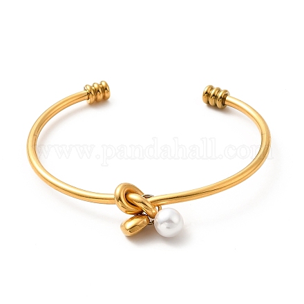 Placage ionique (ip) 304 bracelet de manchette ouvert en acier inoxydable avec nœud d'amour BJEW-P283-02G-1
