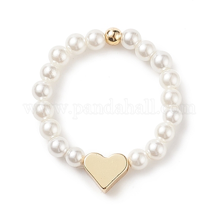 Anelli elasticizzati da donna con perle di conchiglia e cuori in ottone con perline RJEW-TA00056-1