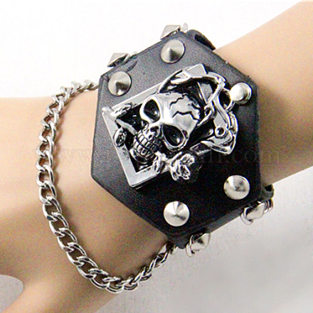 Punk Rock Style Cowhide Leather Skull Bracelets BJEW-O088-12-1