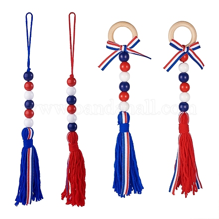 Crafans 4 pz 2 stile festa dell'indipendenza anello in legno e nappe in filato di lana decorazioni pendenti HJEW-CF0001-20-1