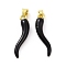 Rack Plating Brass Enamel Charms, Long-Lasting Plated, Real 18K Gold Plated, Cadmium Free & Lead Free, Horn of Plenty/Italian Horn Cornicello Charms, Black, 27x7x5.5mm, Hole: 4x3.5mm