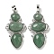 Natural Green Aventurine Pendants, Rack Plating Brass Flower Charms, Cadmium Free & Lead Free, Platinum, 47x24x6.5mm, Hole: 7.5x5mm