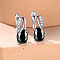 Brass Cubic Zirconia Stud Earrings, Oval, Platinum, Black, 16x13mm