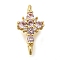 Brass Pave Cubic Zirconia Connector Charms, Cross Links, Real 16K Gold Plated, Pink, 15x7.5x4mm, Hole: 1.2mm