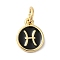 Real 18K Gold Plated Brass Enamel Charms, with Jump Ring, Long-Lasting Plated, Lead Free & Cadmium Free, Flat Round with Pisces Charms, Black, 10x8x1mm, Hole: 4mm