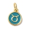 Real 18K Gold Plated Brass Enamel Charms, with Jump Ring, Long-Lasting Plated, Lead Free & Cadmium Free, Flat Round with Taurus Charms, Dark Cyan, 10x8x1mm, Hole: 4mm