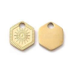 Dijes de acero inoxidable quirúrgico 316L con revestimiento iónico (IP), sin níquel, hexágono con dije de sol, textura, real 18k chapado en oro, 8.2x7x1mm, agujero: 1.5 mm