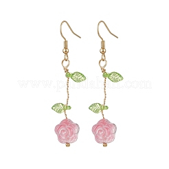 花ガラスダングルのピアス  アクリルと  ゴールドカラー  ピンク  60x12mm&nbsp;EJEW-JE06445-03