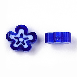 手作りミッレフィオーリガラスビーズ連売り  プラムボソム  ミディアムブルー  6~7x6~8x2.5~3mm  穴：1mm  約63~65個/連  15.55インチ〜15.94インチ（39.5~40.5cm）&nbsp;LAMP-N029-017A-02