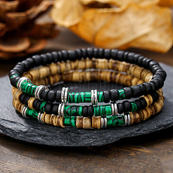Stretch-Armbänder aus synthetischen Malachit- und Kokosnussschalenperlen&nbsp;PW-WGEF9FC-01