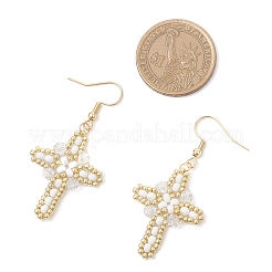 Boucles d'oreilles pendantes en forme de croix en acier inoxydable 304 avec graines de verre&nbsp;EJEW-MZ00506-01