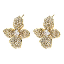 四つ葉の真鍮とクリアキュービックジルコニアのスタッドピアス  女性用花柄イヤリング  18KGP本金メッキ  26.5x23.5mm&nbsp;KK-CBA36A2-08G
