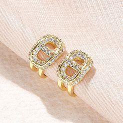 Овальные серьги-каффы из латуни с микропаве из прозрачных кубических цирконий&nbsp;EJEW-K305-05G