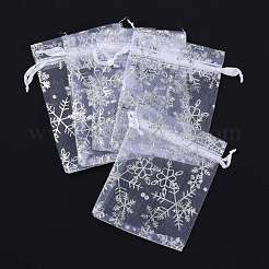 黄金の雪片プリントオーガンジー梱包袋  祝祭日クリスマスの日  長方形  銀  12x10cm&nbsp;OP030Y-10x12-03