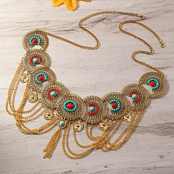 Богемный этнический стиль сплав паве красный и глубокий небесно-голубой синтетический бирюзовый кисточки поясные цепи FS-WG7CE59-01