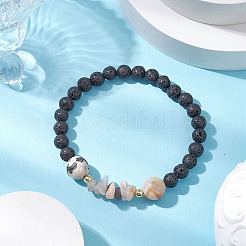 天然竹葉瑪瑙と天然溶岩石ビーズの女性用ストレッチブレスレット  チップ＆ラウンド  内径：2-1/4インチ（5.8cm）&nbsp;BJEW-JB11130-07