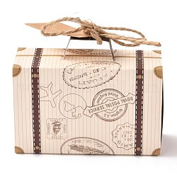 Forma di valigia con scatola di imballaggio di caramelle con motivo a parole, corda di canapa, per la confezione regalo della festa di nozze, mocassino, 6.2x7.2x2.8cm