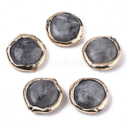 Natural Labradorite Beads, with Light Gold Plated Polymer Clay Edge, Flat Round, 17~19x17~18x5~7mm, Hole: 1.2mm