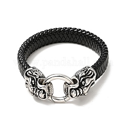 Bracelet cordon tressé imitation cuir pu, 304 bracelet gothique fermoir tigre en acier inoxydable pour homme femme, argent antique, 8-3/4 pouce (22.3 cm)
