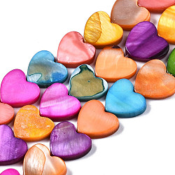 Natural Freshwater Shell Beads Strands, Dyed, Heart, Mixed Color, 12x13x3mm, Hole: 1mm, about 35pcs/strand, 14.80~15.08 inch(37.6~38.3cm)