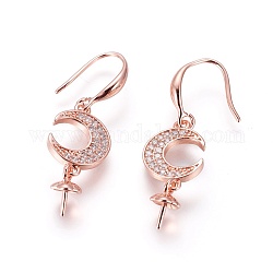 Brass Micro Pave Cubic Zirconia Earring Hooks, For Half Drilled Beads, Moon, Clear, Rose Gold, 38~39mm, 20 Gauge, Pin: 0.8mm