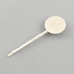 Iron Hair Bobby Pin Findings, with Brass Round Tray, Silver Color Plated, Tray: 10mm, 55x2x10mm