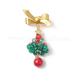 Broche d'arbre en perles de verre sur le thème de noël, Épinglette bowknot en laiton doré pour vêtements de sac à dos, colorées, 58mm