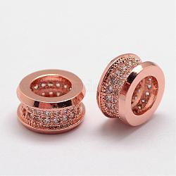 Perles de zircone cubique micro pave en Laiton, colonne, Perles avec un grand trou   , sans plomb et sans nickel, or rose, 10x5.5mm, Trou: 6mm