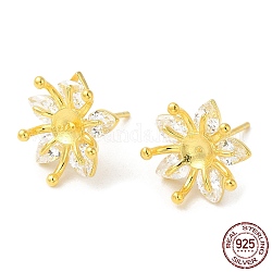 925 Sterling Silver Stud Earring Findings, with Cubic Zirconia, Flower, for Half Drilled Beads, Real 18K Gold Plated, 12x12x5mm, Pin: 0.7mm