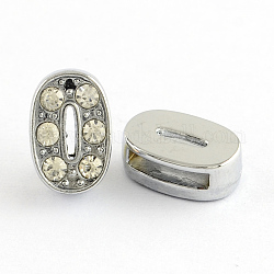 Zinc Alloy Rhinestone Number Slide Charms, Platinum, Num.0, 11.5x7.5x5mm, Hole: 8x2mm