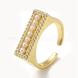 Rectangle Rack Plating Brass Micro Pave Clear Cubic Zirconia Open Cuff Rings, with ABS Imitation Pearl, Real 18K Gold Plated, Inner Diameter: 17.8mm