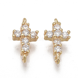 Brass Micro Pave Cubic Zirconia Links, Nickel Free, Real 18K Gold Plated, Cross, Clear, 9x5x2.5mm, Hole: 0.6mm