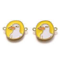 Brass Links Connectors, Long-Lasting Plated, with Enamel, Real 18K Gold Plated, Flat Round with Duck, Yellow, 15x17x1.6mm, Hole: 1.2mm