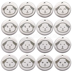 16Pcs 8 Style Stainless Steel Pendants, Manual Polishing, Flat Round with Dog, Stainless Steel Color, 20x1.4mm, Hole: 1.6mm, 2pcs/style