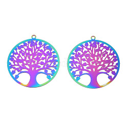 Ion Plating(IP) 201 Stainless Steel Filigree Pendants, Etched Metal Embellishments, Tree of Life, Rainbow Color, 27x25x0.2mm, Hole: 1.2mm