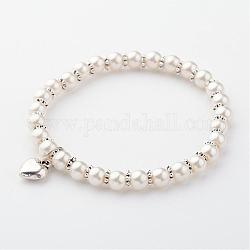 Braccialetti di stirata di perle di vetro, con accessori in lega, bianco crema, 54mm