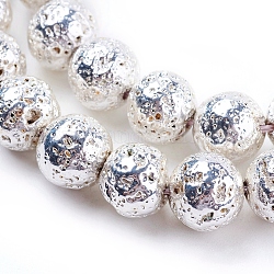 Fili di perle di roccia lavica naturale elettrodeposta, tondo, accidentato, Argento Placcato, 10~10.5mm, Foro: 1.5 mm, circa 39pcs/filo, 15.35 pollice (39 cm)