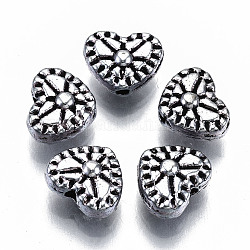Abalorios de aleación de estilo tibetano, corazón, sin plomo y cadmio, plata antigua, 7x8.5x4mm, agujero: 1.2 mm, aproximamente 1388 unidades / 1000 g