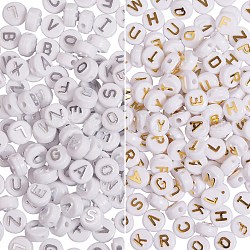 100 г 2 цвета белые акриловые бусины, золотой и серебряный металл, обвитый, плоский круглый со смешанными буквами, разноцветные, 9.5~10x6 мм, отверстие : 2 мм, 50 г / цвет