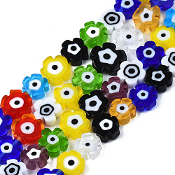 Handmade Lampwork Beads Strands, Flower with Evil Eye, Mixed Color, 7~9x7~9x3mm, Hole: 0.8mm, about 50~52pcs/strand, 14.57 inch~15.35 inch(37~39cm)