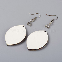 Wood Dangle Earrings, with Brass Earring Hooks and Ice Pick Pinch Bails, Leaf, Platinum, Leaf: 42.5x29.5x3mm, Hole: 2mm, Earring Hook: 30mm, Pin: 0.7mm
