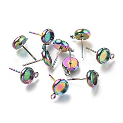Ion Plating(IP) 304 Stainless Steel Stud Earring Settings, with Loop, Flat Round, Rainbow Color, Flat Round: 11x8.3mm, Hole: 1.6mm, Pin: 0.8mm, Tray: 6mm