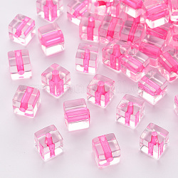 Perles en acrylique transparente, cube, rose chaud, 8x7.5x7.5mm, Trou: 1.8mm, environ 900 pcs/500 g