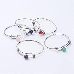 304 bracelets extensibles en acier inoxydable, avec des perles naturelles de pierres précieuses, couleur mixte, 56 mm (2-1/4 pouces), perles: 10 mm